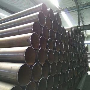 ERW round steel pipes stacked in stock