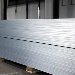 Heavy steel plate stock stacked in a workshop warehouse