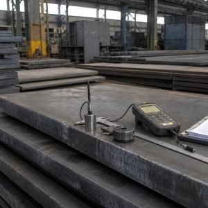Steel plates in workshop with inspection equipment