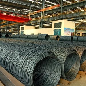 Wire rod coils in steel mill workshop